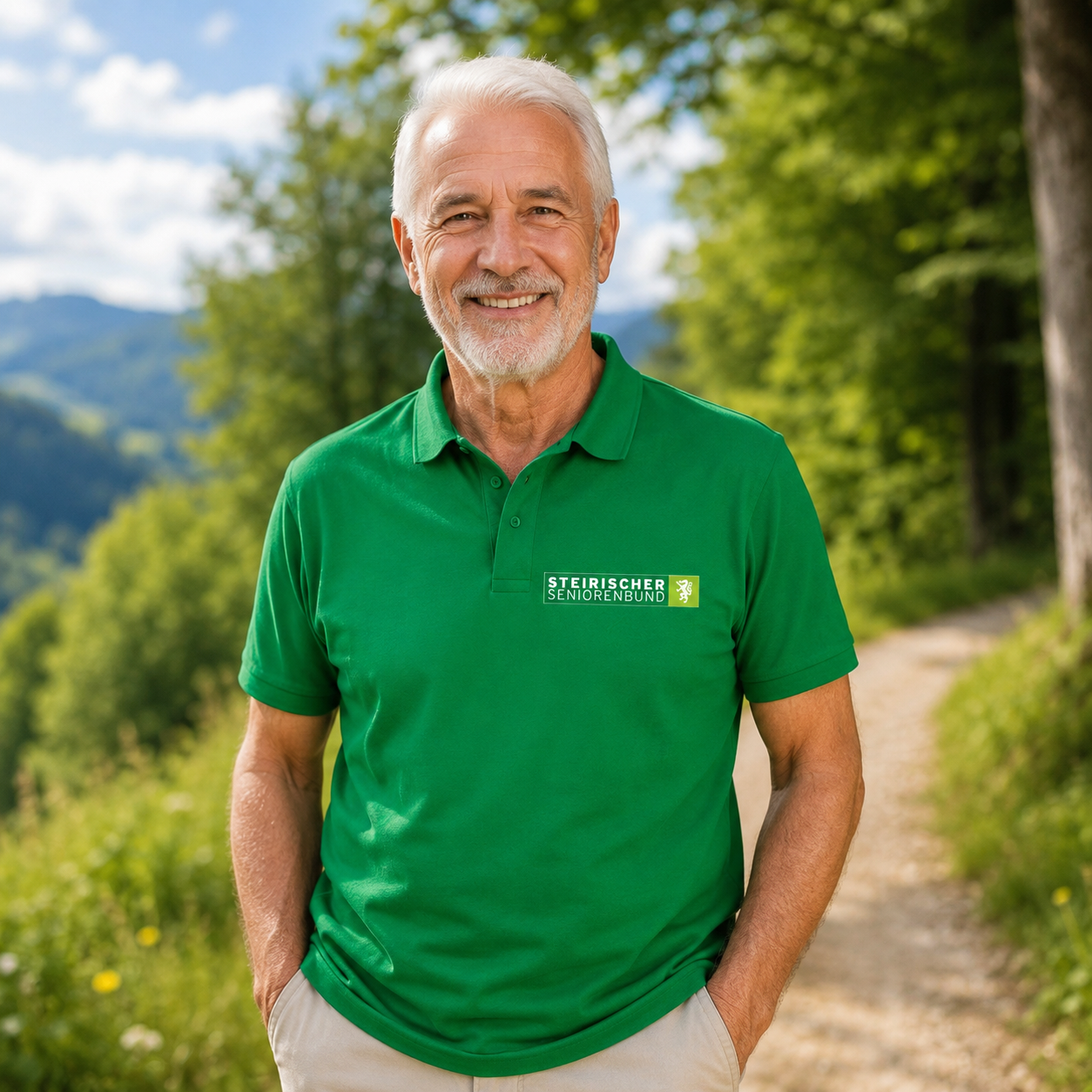 Ein Mann in einem grünen Hemd steht auf einem Feldweg.